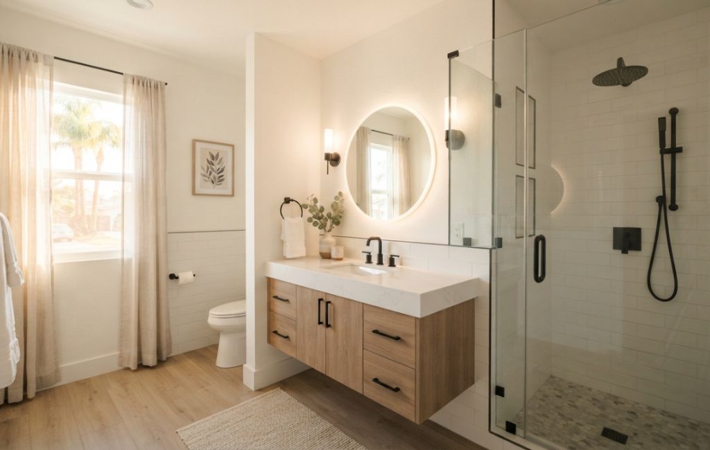 Modern bathroom remodeling in Lakewood CA featuring a floating wood vanity, round backlit mirror, toilet, and glass-enclosed shower with white subway tiles, showcasing clean and contemporary design.